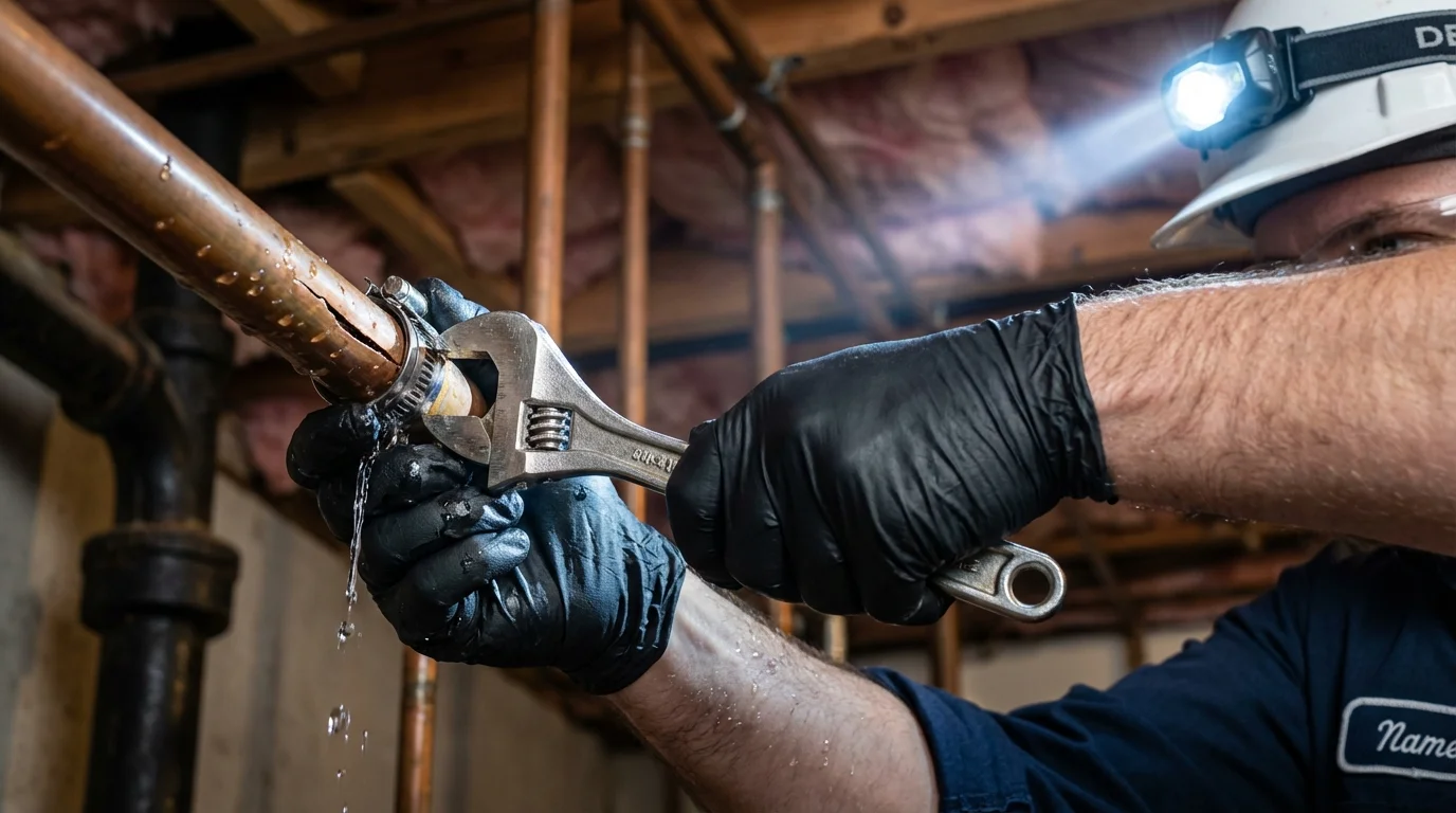 Emergency pipe clamp repair being performed by a Johns Plumbing LLC plumber in Blackstone
