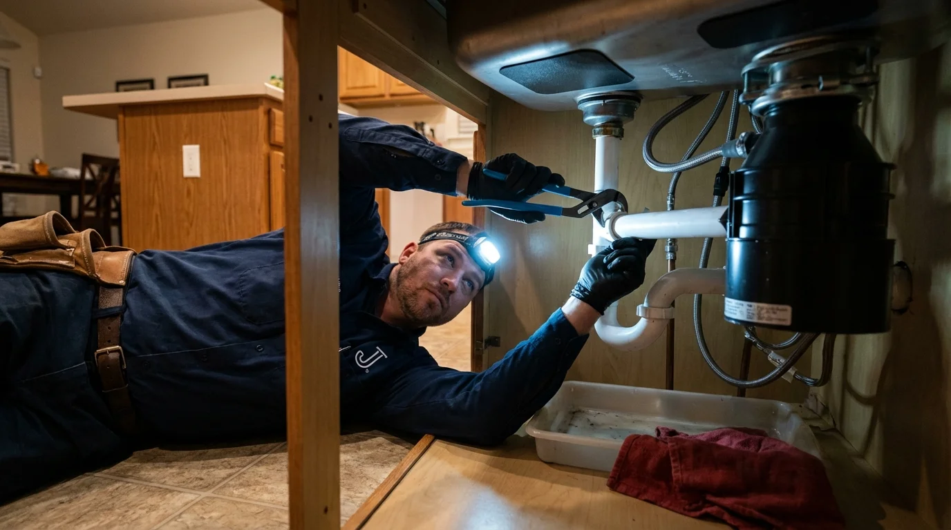 P-trap and supply line connections under a kitchen sink showing a common leak point in Blackstone, MA